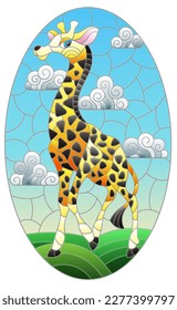 An illustration in the style of a stained glass window with a cute cartoon giraffe on the background of a meadow and a blue cloudy sky, oval image