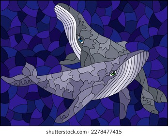 An illustration in the style of a stained glass window with blue whales on a background of water 