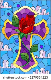 An illustration in the style of a stained glass window with a Christian cross with a rose flower on a background of blue sky and clouds