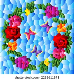 Illustration in the style of a stained glass window with a floral wreath of roses and butterflies , on a blue background