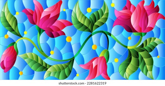 Illustration in the style of a stained glass window with a floral arrangement on a blue background, rectangular image