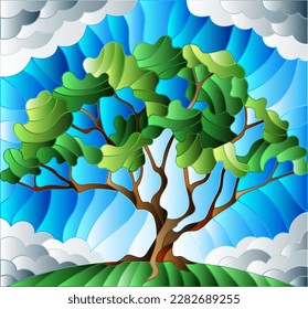 An illustration in the style of a stained glass window with an abstract tree on the background of a meadow and a blue cloudy sky