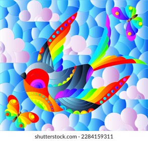 Illustration in the style of a stained glass window with a bright cartoon swallow and butterfly against a cloudy sky, rectangular image