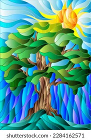 Illustration in the style of a stained glass window with an abstract tree on the background of a meadow, sky and sun ray