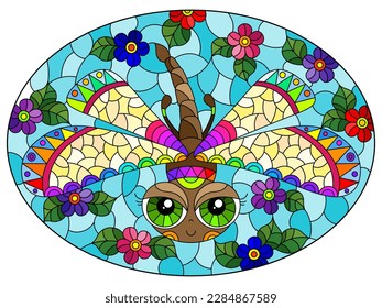 Illustration in the style of a stained glass window with a cute cartoon dragonfly on a background of flowers and sky, oval image