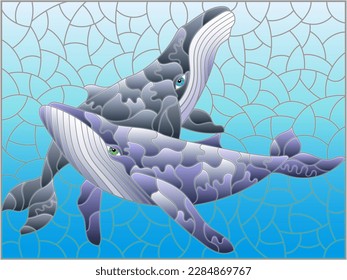 An illustration in the style of a stained glass window with blue whales on a background of water 