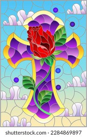 An illustration in the style of a stained glass window with a Christian cross with a rose flower on a background of blue sky and clouds