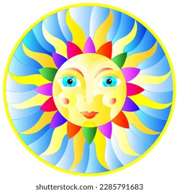 Illustration in the style of a stained glass window with abstract sun in a frame,round image