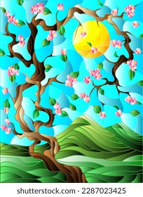 Illustration in the style of a stained glass window with a sakura tree on a background of sky and sun, rectangular image