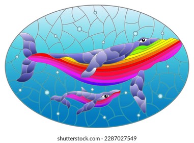 An illustration in the style of a stained glass window with blue whales on a background of water and air bubbles, oval image