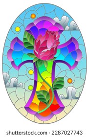 An illustration in the style of a stained glass window with a Christian cross with a rose  flower on a background of blue sky and clouds, oval image