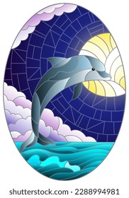 Illustration in the style of a stained glass window with dolphins on the background of the night sky and the sea, oval image