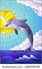 Illustration in the style of a stained glass window with dolphin on the background of the sunny sky and the sea