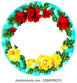 Illustration in the style of a stained glass window with a floral wreath of roses and on a blue background, round image 