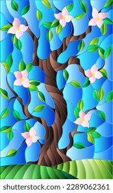 An illustration in the style of a stained glass window with an abstract flowering tree on a blue sky background