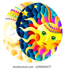 Illustration in the style of a stained glass window with a cute sun and moon on a blue sky background, round image