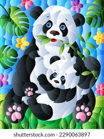 An illustration in the style of a stained glass window with a panda with a bear cub on a background of leaves, flowers and a blue sky