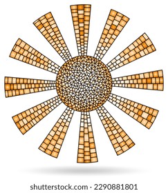 An illustration in the style of a stained glass window with an abstract sun, the sun isolated on a white background, tone brown