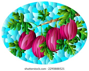 Illustration in the style of a stained glass window with a branch of ripe red gooseberries, berries and leaves on a blue background, oval image