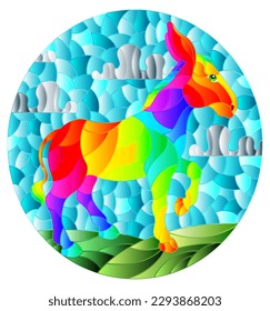 Illustration in the style of a stained glass window with a funny rainbow donkey on a background of meadows and a blue cloudy sky, oval image