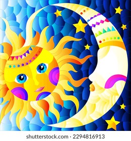 Illustration in the style of a stained glass window with a cute sun and moon on a blue sky background, rectangular image