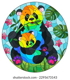 An illustration in the style of a stained glass window with a rainbow panda with a bear cub on a background of leaves, flowers and a blue sky, oval image