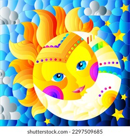 Illustration in the style of a stained glass window with a cute sun and moon on a blue sky background, rectangular image