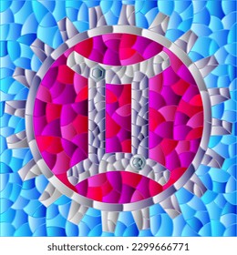 Illustration in the style of a stained glass window with an illustration of the steam punk sign of the Gemini horoscope