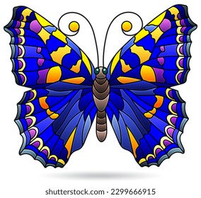 Illustration in the style of a stained glass window with a bright butterfly, an animal isolated on a white background