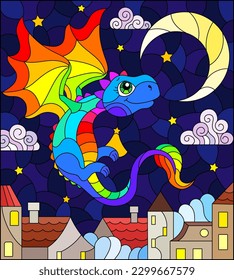 An illustration in the style of a stained glass window with a bright cute dragon on the background of the sky and the city