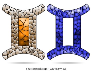 Illustration in the style of a stained glass window with a set of zodiac signs gemini, figures isolated on a white background, tone blue and brown
