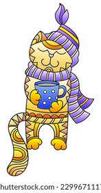 An illustration in the style of a stained glass window with a cute cartoon kitten, an animal isolated on a white background