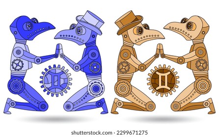 Illustration in the style of a stained glass window with a set of zodiac signs gemini, figures isolated on a white background, tone blue and brown