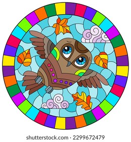 An illustration in the style of a stained glass window with bright cartoon owl on a background of blue sky and leaves, round image in a bright frame