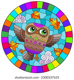 An illustration in the style of a stained glass window with bright cartoon owl on a background of blue sky and leaves, round image in a bright frame
