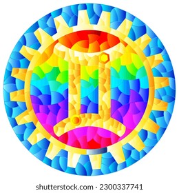 Illustration in the style of a stained glass window with an illustration of the steam punk sign of the Gemini horoscope, round image