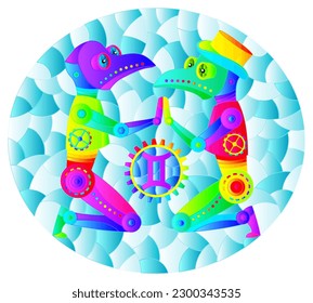Illustration in the style of a stained glass window with an illustration of the steam punk sign of the Gemini horoscope, oval image