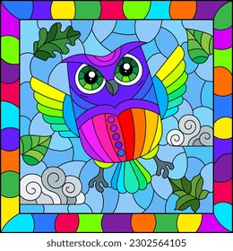 An illustration in the style of a stained glass window with bright cartoon owl on a background of blue sky and leaves, in a bright frame