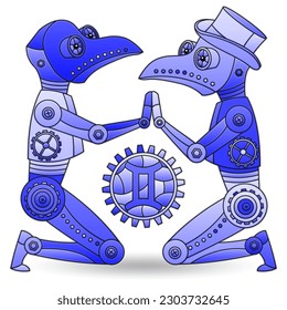 Illustration in the style of a stained glass window with a of zodiac signs gemini, figures isolated on a white background, tone blue