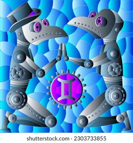 Illustration in the style of a stained glass window with an illustration of the steam punk sign of the Gemini horoscope