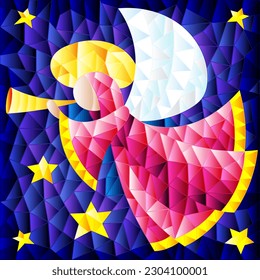 Illustration in the style of a stained glass window abstract angel in pink robe with a pipe in hands on a background of sky and stars