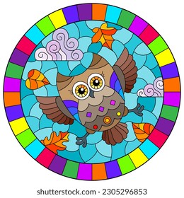 An illustration in the style of a stained glass window with bright cartoon owl on a background of blue sky and leaves, round image in a bright frame