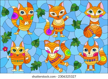 An illustration in the style of a stained glass window with bright cartoon foxes on a background of blue sky and leaves, oval image 