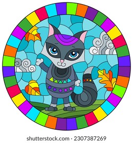 An illustration in the style of a stained glass window with bright cartoon fox on a background of blue sky and leaves in a bright frame, round image