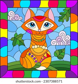 An illustration in the style of a stained glass window with bright cartoon fox on a background of blue sky and leaves in a bright frame