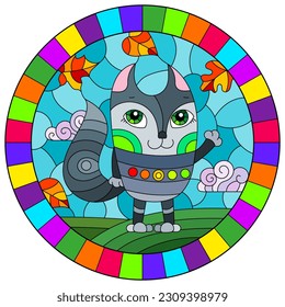 An illustration in the style of a stained glass window with bright cartoon fox on a background of blue sky and leaves in a bright frame, round image