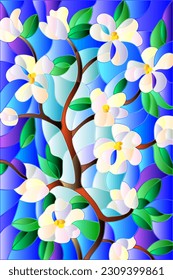 An illustration in the style of a stained glass window with bright colors on a blue sky background
