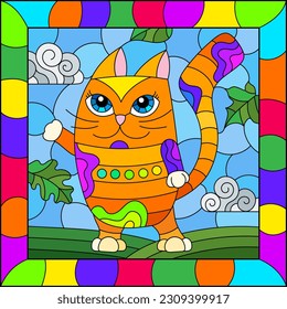 An illustration in the style of a stained glass window with bright cartoon cat on a background of blue sky and leaves in a bright frame
