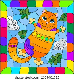 An illustration in the style of a stained glass window with bright cartoon cat on a background of blue sky and leaves in a bright frame
