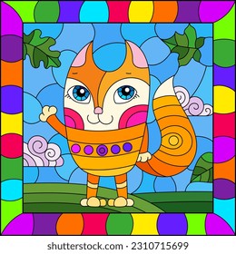 An illustration in the style of a stained glass window with bright cartoon fox on a background of blue sky and leaves in a bright frame